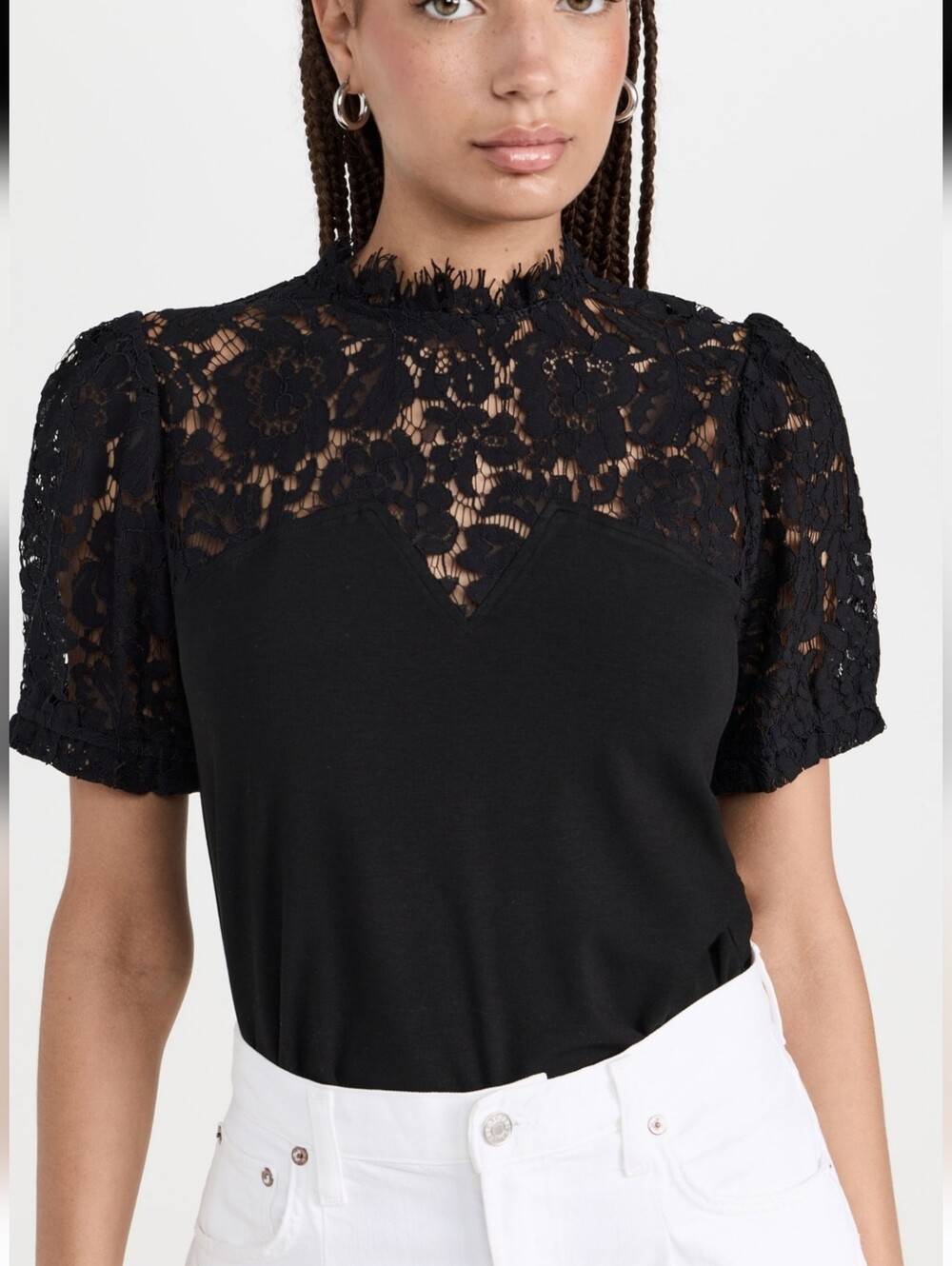 Generation Love NEW Romina Black Lace Combo Puff Sleeve Top Blouse SZ Large Chic